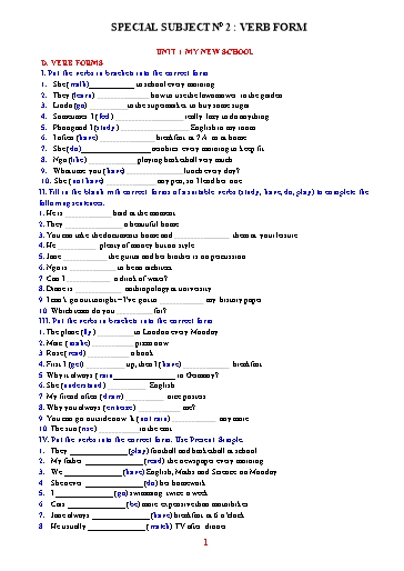 Chuyên đề Ôn tập học sinh giỏi tiếng Anh 6 - Chuyên đề 5: Verb form