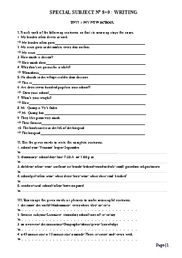 Chuyên đề Ôn tập học sinh giỏi tiếng Anh 6 - Chuyên đề 8: Writing
