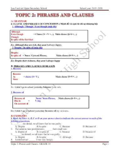 Chuyên đề Ôn tập tiếng Anh 10 - Chuyên đề 2: Phrases and clauses