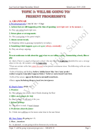 Chuyên đề Ôn tập tiếng Anh 10 - Chuyên đề 3: Will/ Be going to; Present progressive