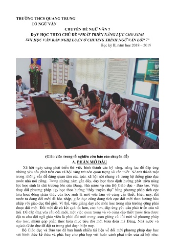 Chuyên đề Phát triển năng lực cho sinh khi học văn bản nghị luận ở chương trình Ngữ văn Lớp 7