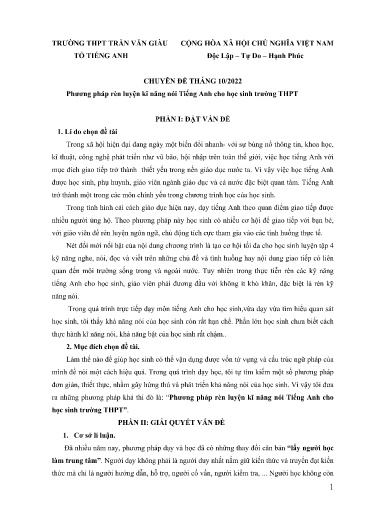 Chuyên đề Phương pháp rèn luyện kĩ năng nói Tiếng Anh cho học sinh trường THPT