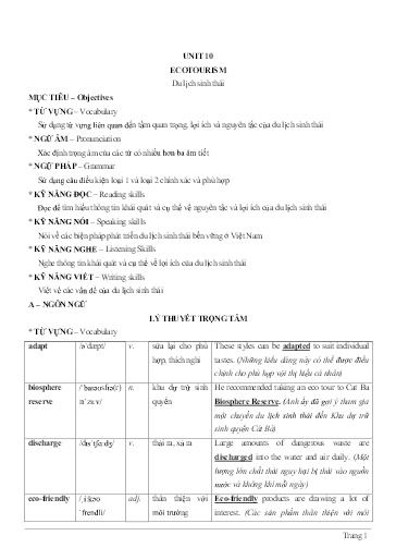Chuyên đề Tiếng Anh 10 - Unit 10: Ecotourism