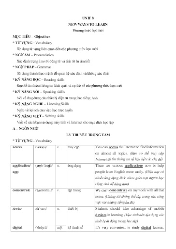 Chuyên đề Tiếng Anh 10 - Unit 8: New Ways to learn