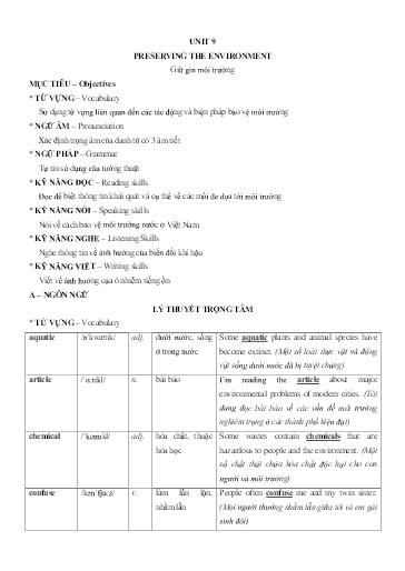 Chuyên đề Tiếng Anh 10 - Unit 9: Preserving the environment