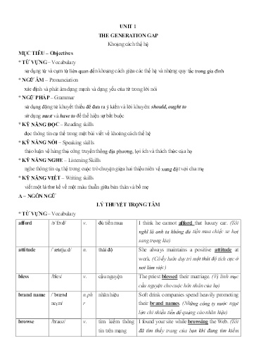 Chuyên đề Tiếng Anh 11 - Unit 1: The generation gap Chuyên đề Tiếng Anh 11 - Unit 1: The generation gap