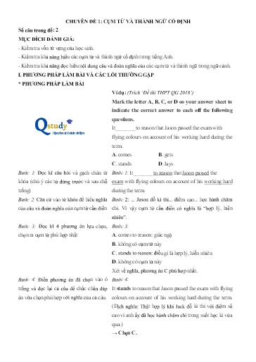 Chuyên đề Tiếng Anh 12 - Phần 2, Chuyên đề 1: Cụm từ và thành ngữ có định - Ôn thi THPT Quốc gia