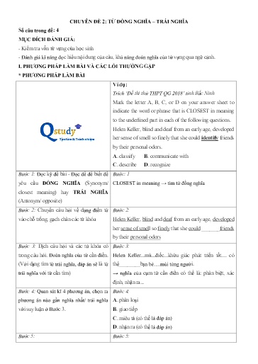 Chuyên đề Tiếng Anh 12 - Phần 2, Chuyên đề 2: Từ đồng nghĩa và từ trái nghĩa - Ôn thi THPT Quốc gia