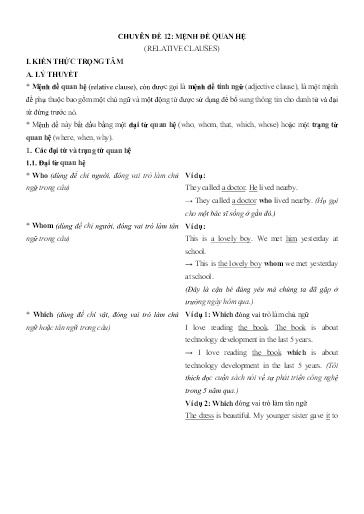 Chuyên đề Tiếng Anh 12 - Phần 3, Chuyên đề 12: Mệnh đề quan hệ - Ôn thi THPT Quốc gia