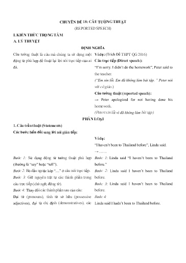 Chuyên đề Tiếng Anh 12 - Phần 3, Chuyên đề 18: Câu tường thuật - Ôn thi THPT Quốc gia