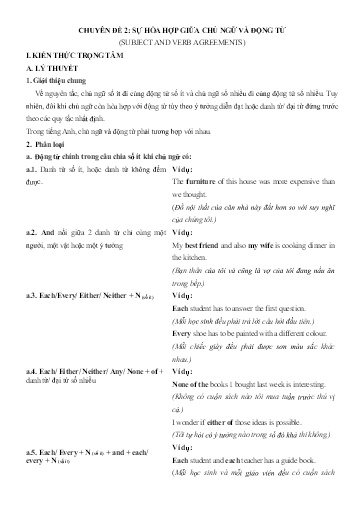 Chuyên đề Tiếng Anh 12 - Phần 3, Chuyên đề 2: Sự hòa hợp giữa chủ ngữ và động từ - Ôn thi THPT Quốc gia