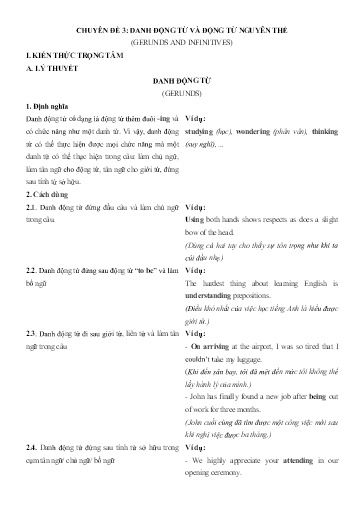Chuyên đề Tiếng Anh 12 - Phần 3, Chuyên đề 3: Danh động từ và động từ nguyên thể - Ôn thi THPT Quốc gia