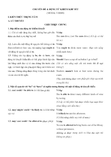 Chuyên đề Tiếng Anh 12 - Phần 3, Chuyên đề 4: Động từ khiếm khuyết - Ôn thi THPT Quốc gia