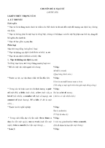 Chuyên đề Tiếng Anh 12 - Phần 3, Chuyên đề 8: Mạo từ - Ôn thi THPT Quốc gia