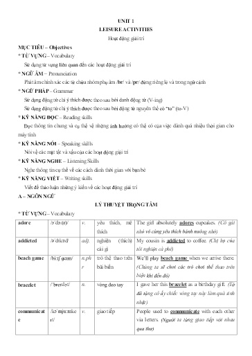 Chuyên đề Tiếng Anh 8 - Unit 1: Leisure activies