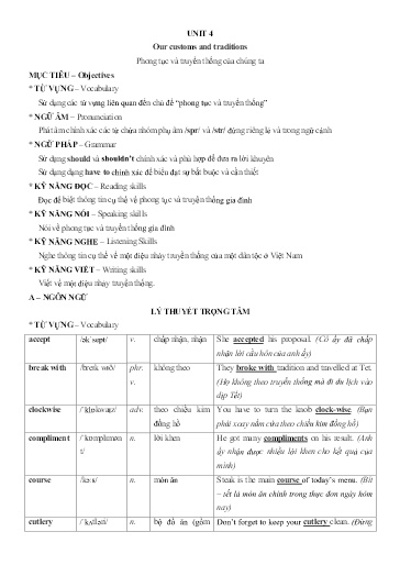 Chuyên đề Tiếng Anh 8 - Unit 4: Our custums and traditions