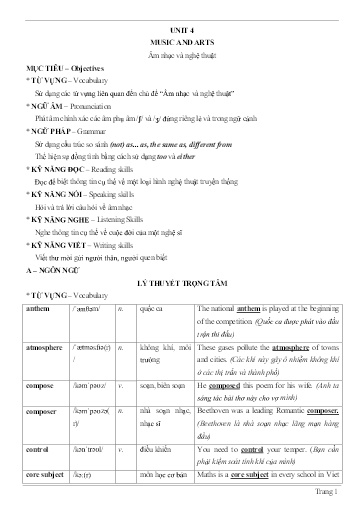 Chuyên đề Tiếng Anh Lớp 7 - Unit 4: Music and arts