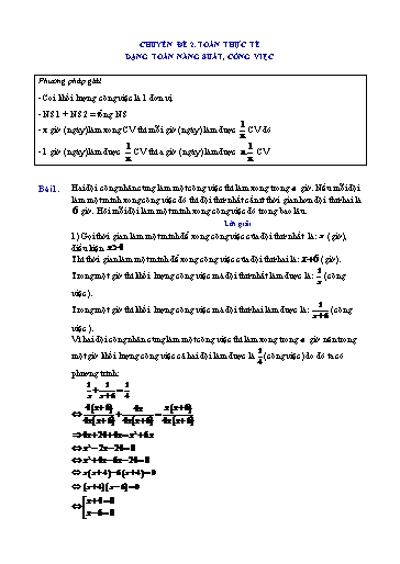 Chuyên đề Toán thực tế Ôn thi vào 10 - Chuyên đề: Dạng toán năng suất, công việc
