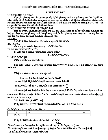 Chuyên đề Ứng dụng của dấu tam thức bậc hai - Toán 10