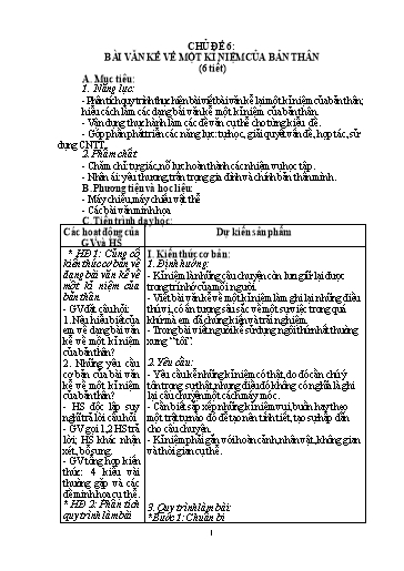 Giáo án Chuyên đề dạy thêm Ngữ văn 6 (Cánh diều) - Chủ đề 6: Bài văn kể về một kỉ niệm của bản thân