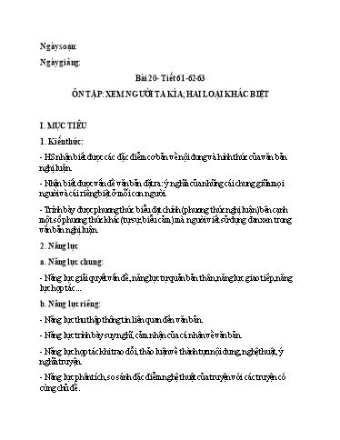 Giáo án Chuyên đề dạy thêm Ngữ văn 6 (Cánh diều) - Ôn tập: Xem người ta kìa; Hai loại khác biệt Giáo án Chuyên đề dạy thêm Ngữ văn 6 (Cánh diều) - Ôn tập: Xem người ta kìa; Hai loại khác biệt