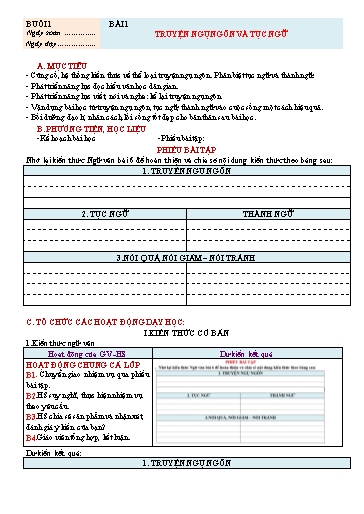 Giáo án Chuyên đề dạy thêm Ngữ văn 7 (Cánh diều) - Buổi 1: Truyện ngụ ngôn và tục ngữ