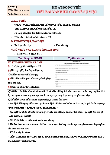 Giáo án Chuyên đề dạy thêm Ngữ văn 7 (Cánh diều) - Buổi 14: Viết bài văn biểu cảm về sự việc