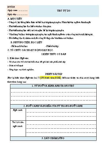 Giáo án Chuyên đề dạy thêm Ngữ văn 7 (Cánh diều) - Buổi 6: Thơ tự do