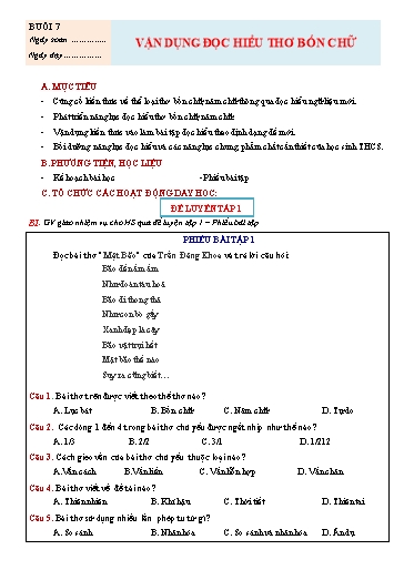 Giáo án Chuyên đề dạy thêm Ngữ văn 7 (Cánh diều) - Buổi 7: Vận dụng đọc hiểu thơ bốn chữ