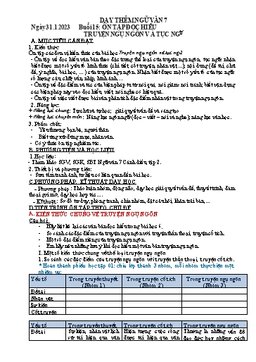 Giáo án Chuyên đề dạy thêm Ngữ văn 7 (Kết nối tri thức) - Ôn tập Đọc hiểu truyện ngụ ngôn và tục ngữ