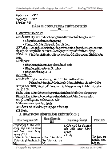 Giáo án Chuyên đề Phát triển năng lực học sinh Toán 7 - Tiết 60, Bài 8: Trừ đa thức một biến