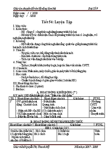 Giáo án Chuyên đề Rèn kỹ năng làm bài Toán 9 - Tiết 54: Luyện tập