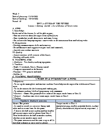 Giáo án Chuyên đề Sinh hoạt chuyên môn - Tuần 7, Unit 3: Cities of the future (Lesson 1) - Tiếng Anh 11