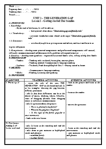 Giáo án Chuyên đề Sinh hoạt chuyên môn - Unit 1: The generation gap (Lesson 1) - Tiếng Anh 11