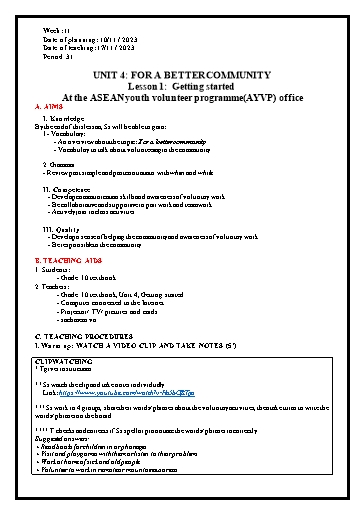 Giáo án Chuyên đề Sinh hoạt chuyên môn - Unit 4: For a better community (Lesson 1) - Tiếng Anh 10