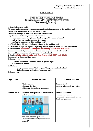Giáo án Chuyên đề Sinh hoạt chuyên môn - Unit 8: The world of work (Getting started) - Tiếng Anh 12