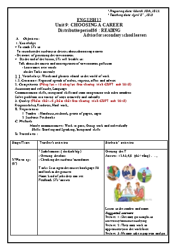 Giáo án Chuyên đề Sinh hoạt chuyên môn - Unit 9: Choosing a career (Reading) - Tiếng Anh Lớp 12