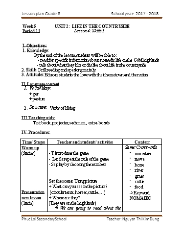 Giáo án Chuyên đề tiếng Anh Lớp 8 - Unit 2: Life in the countryside