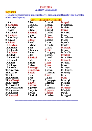 Ôn tập Tiếng Anh 8 (Học kì 1) - Chuyên đề 1: Ngữ âm (Pronunciation) Ôn tập Tiếng Anh 8 (Học kì 1) - Chuyên đề 1: Ngữ âm (Pronunciation)