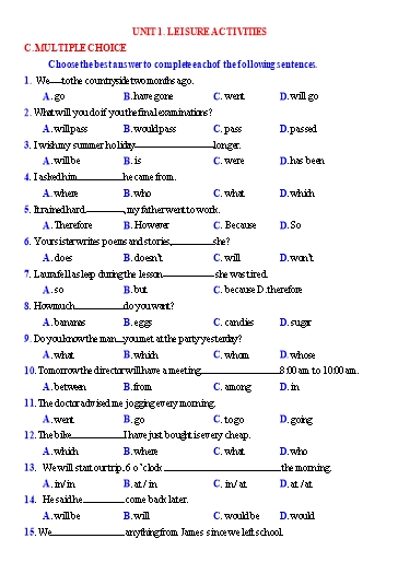 Ôn tập Tiếng Anh 8 (Học kì 1) - Chuyên đề 3: Multiple choice Ôn tập Tiếng Anh 8 (Học kì 1) - Chuyên đề 3: Multiple choice