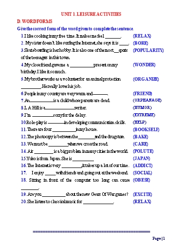 Ôn tập Tiếng Anh 8 (Học kì 1) - Chuyên đề 4: Cấu tạo từ (Word forms) Ôn tập Tiếng Anh 8 (Học kì 1) - Chuyên đề 4: Cấu tạo từ (Word forms)