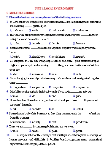 Ôn tập Tiếng Anh 9 (Học kì 1) - Chuyên đề 3: Multiple choice