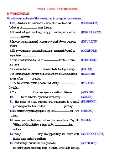 Ôn tập Tiếng Anh 9 (Học kì 1) - Chuyên đề 4: Word forms