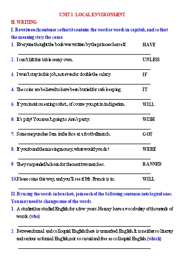 Ôn tập Tiếng Anh 9 (Học kì 1) - Chuyên đề 8: Writing
