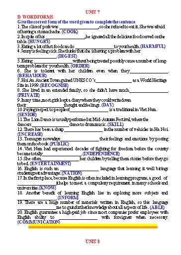Ôn tập Tiếng Anh 9 (Học kì 2) - Chuyên đề 4: Word forms