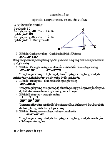 Ôn tập Toán 9 - Chuyên đề 10: Hệ thức lượng giác trong tam giác vuông