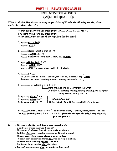 Ôn thi THPTQG môn tiếng Anh - Chuyên đề 11: Mệnh đề quan hệ, câu chẻ (Relative clauses, Cleft sentences) Ôn thi THPTQG môn tiếng Anh - Chuyên đề 11: Mệnh đề quan hệ, câu chẻ (Relative clauses, Cleft sentences)