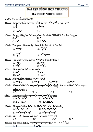 Phiếu bài tập dạy thêm - Chuyên đề: Bài tập tổng hợp chương Đa thức nhiều biến - Toán 8 Kết nối tri thức