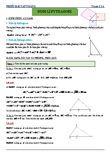 Phiếu bài tập dạy thêm - Chuyên đề: Định lí Pythagore - Toán 8 Kết nối tri thức Phiếu bài tập dạy thêm - Chuyên đề: Định lí Pythagore - Toán 8 Kết nối tri thức