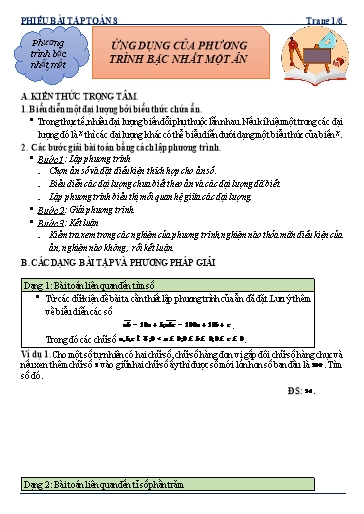 Phiếu bài tập dạy thêm - Chuyên đề: Giải toán bằng cách lập phương trình - Toán 8 Kết nối tri thức
